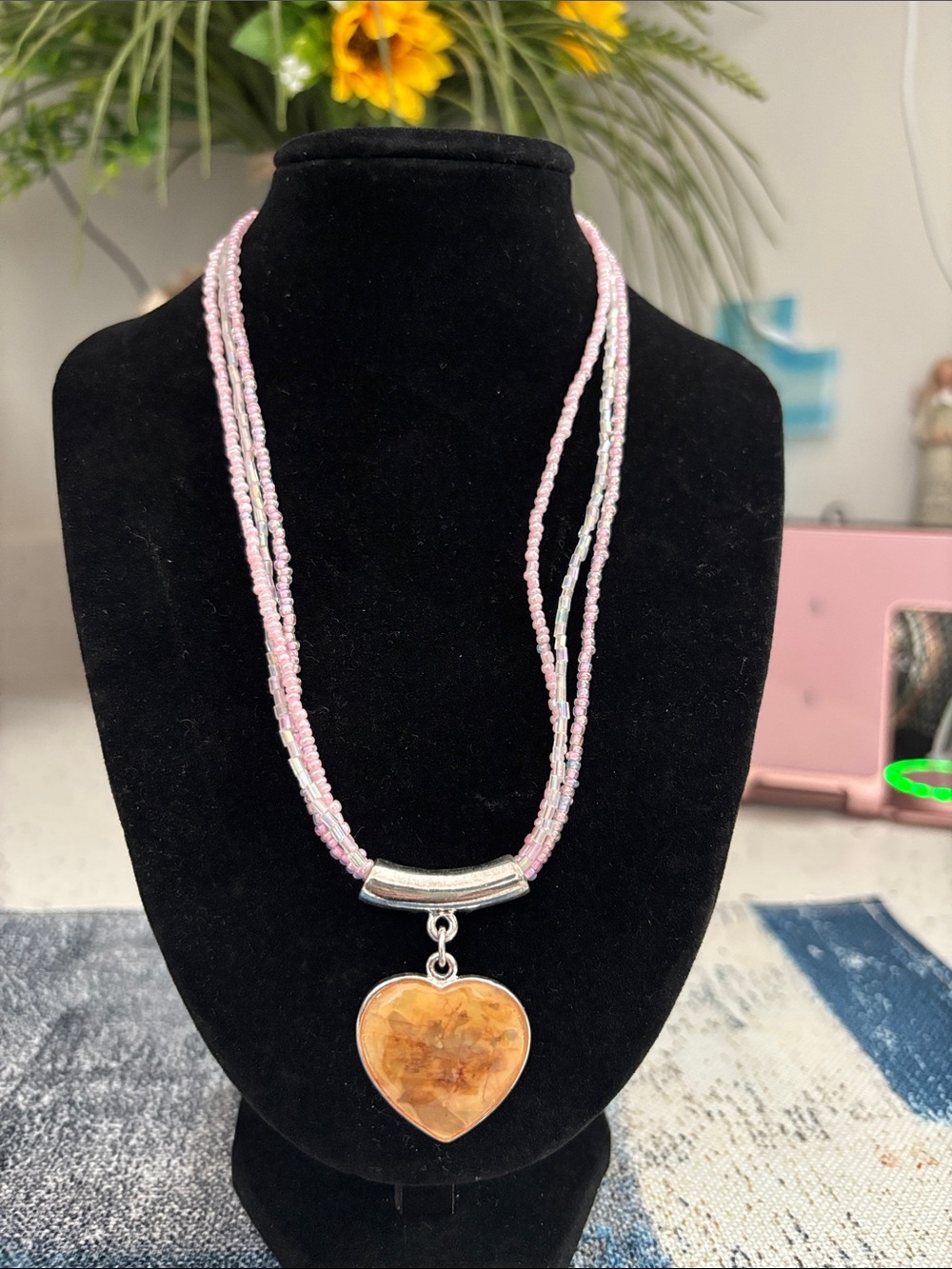 Pink Beaded Necklace with Heart Pendant